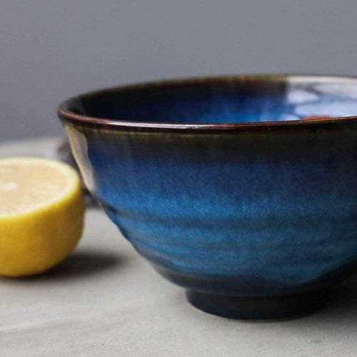  Dpliu Home Big Wrist 5.5 Inch Blue Ceramic Salad Bowl Ramen Bowl Stoneware with Whorled Polished Surface, Japanese Style, Sterilizer Dishwasher Microwave Safe Decorative Hotel Retro Soup