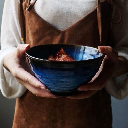  Dpliu Home Big Wrist 5.5 Inch Blue Ceramic Salad Bowl Ramen Bowl Stoneware with Whorled Polished Surface, Japanese Style, Sterilizer Dishwasher Microwave Safe Decorative Hotel Retro Soup