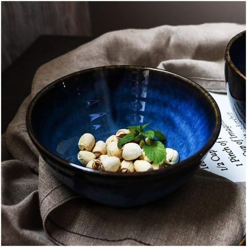  Dpliu Home Big Wrist 5.5 Inch Blue Ceramic Salad Bowl Ramen Bowl Stoneware with Whorled Polished Surface, Japanese Style, Sterilizer Dishwasher Microwave Safe Decorative Hotel Retro Soup