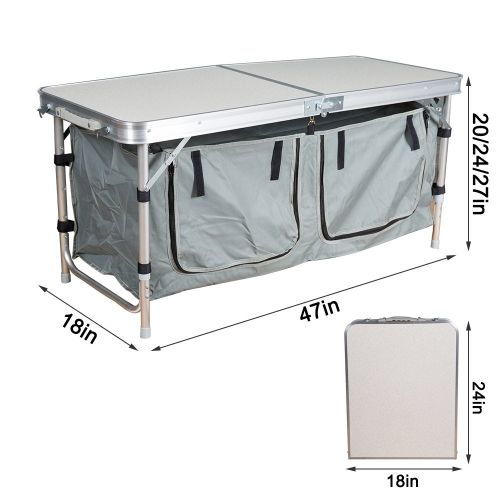  Dporticus Lightweight Height Adjustable Foldable Camping Table with Large 2 Compartment Storage Bag for BBQ Party Camping Home Kitchen