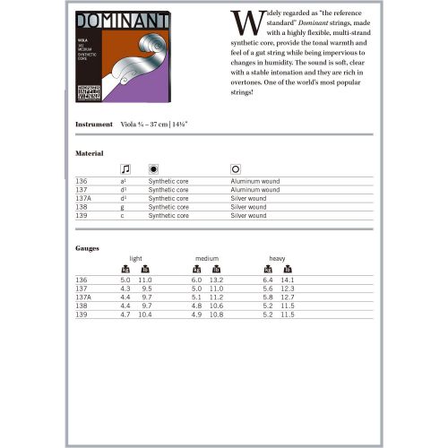  Dr Thomastik Thomastik-Infeld 141 Dominant Synthetic Core Viola Strings, Medium Gauge, 4/4 Scale, Set of 4