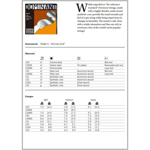  Dr Thomastik Thomastik-Infeld 135 Dominant Violin Strings, Complete Set, 135, 4/4 Size, with Aluminum Wound Ball End E String