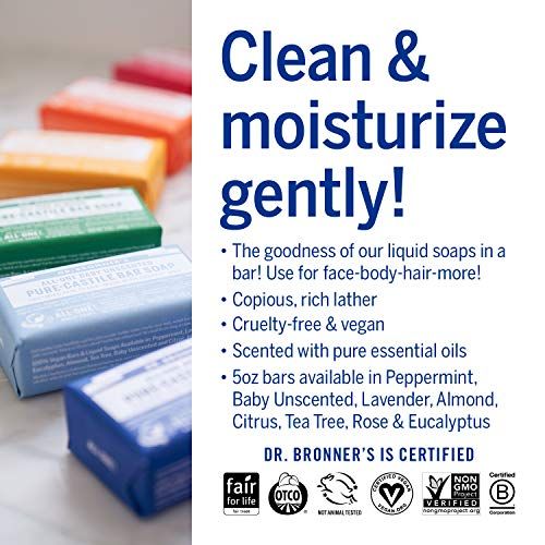  [아마존베스트]Dr. Bronner’s - Pure-Castile Bar Soap (Baby Unscented, 5 oz, 6-Pack) -Made with Organic Oils, For Face, Body & Hair, Gentle for Sensitive Skin & Babies, No Added Fragrance,Biodegra