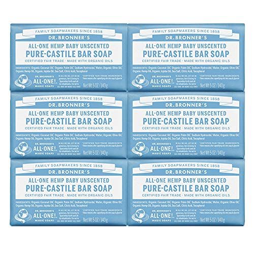  [아마존베스트]Dr. Bronner’s - Pure-Castile Bar Soap (Baby Unscented, 5 oz, 6-Pack) -Made with Organic Oils, For Face, Body & Hair, Gentle for Sensitive Skin & Babies, No Added Fragrance,Biodegra