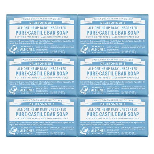  [아마존베스트]Dr. Bronner’s - Pure-Castile Bar Soap (Baby Unscented, 5 oz, 6-Pack) -Made with Organic Oils, For Face, Body & Hair, Gentle for Sensitive Skin & Babies, No Added Fragrance,Biodegra