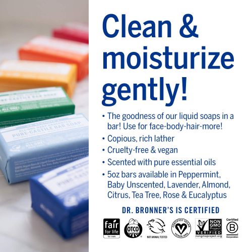  [아마존베스트]Dr. Bronner’s - Pure-Castile Bar Soap (Baby Unscented, 5 oz, 6-Pack) -Made with Organic Oils, For Face, Body & Hair, Gentle for Sensitive Skin & Babies, No Added Fragrance,Biodegra