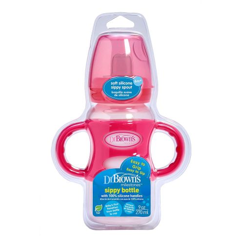  [아마존베스트]Dr. Browns Options Wide-Neck Sippy Spout Baby Bottle with Silicone Handle, Pink, 9 Ounce