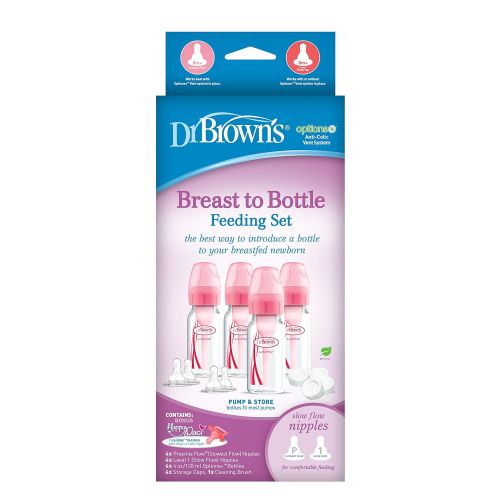  [아마존베스트]Dr. Browns Options Slow Flow Bottle Set for Breastfed Baby, 4 Ounce, Pink