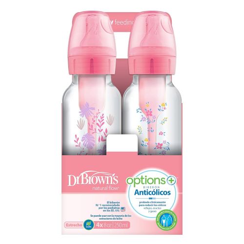 [아마존베스트]Dr. Brown's Dr. Browns Options+ Baby Bottles, 8 oz/250ml, Narrow Bottle, Pink Floral Designs, 4 Pack