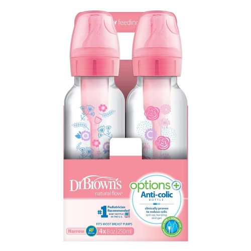  [아마존베스트]Dr. Brown's Dr. Browns Options+ Baby Bottles, 8 oz/250ml, Narrow Bottle, Pink Floral Designs, 4 Pack