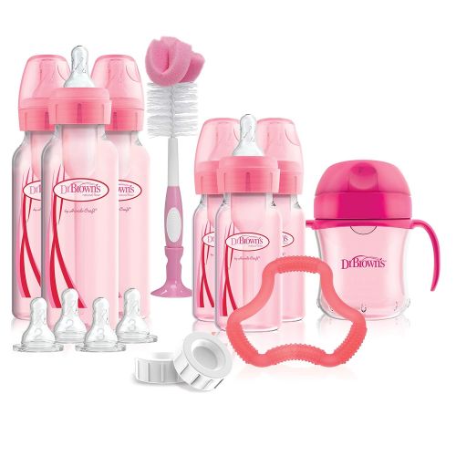  Dr. Browns Options+ Baby Bottles Pink Gift Set with Silicone Teether, Pink Sippy Cup, Pink Bottle Brush and Travel Caps, Includes 6 Narrow Pink Baby Bottles