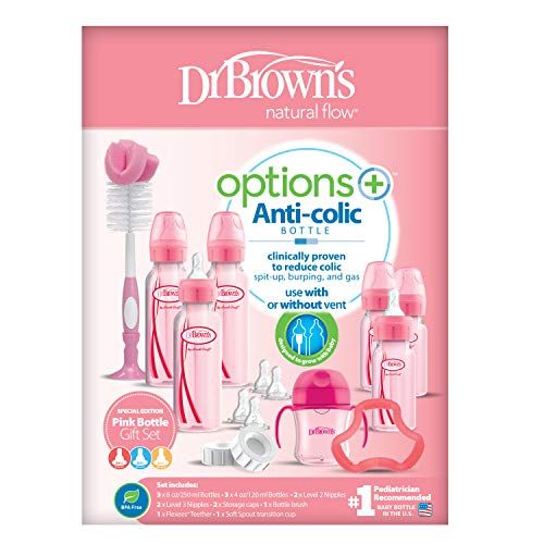  Dr. Browns Options+ Baby Bottles Pink Gift Set with Silicone Teether, Pink Sippy Cup, Pink Bottle Brush and Travel Caps, Includes 6 Narrow Pink Baby Bottles