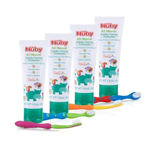  [아마존베스트]Nuby All Natural Toddler Toothpaste with Citroganix with Toothbrush, Blue/Green