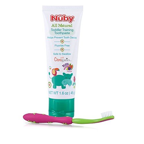  [아마존베스트]Nuby All Natural Toddler Toothpaste with Citroganix with Toothbrush, Pink/Green