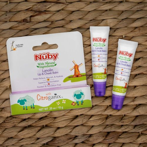  Nuby Natural Lanolin Lip & Cheek Balm for Baby, Vanilla Milk Flavor, 2 Pack