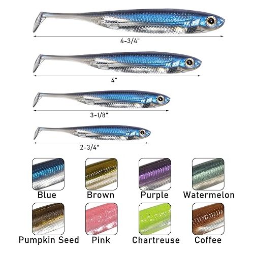  Dr.Fish Paddle Tail Swimbaits, Soft Plastic Fishing Lures for Bass Fishing, 2-3/4 to 4-3/4 Inches, Swim Shad Bait Minnow Lures Drop Shot Fishing Lures Plastic Crappie Baits