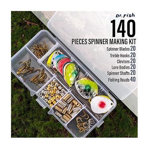  Dr.Fish 140 Pack Spinner Making Kit Colorful Hammered Colorado Blades Lure Making Supplies for Inline Spinners Walleye Rigs Tackle Box Set with Clevis Shaft Lure Bodies Treble Hooks