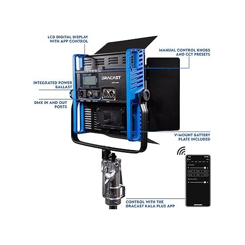  Dracast Kala Plus Series 1000 - Bi-Color 2800K - 6500K LED Video Light | App Control | Dimmable 0-100% | CRI & TLCI 96+ | V-Mount Battery Plate | Barn Doors and Diffusion Panel Included