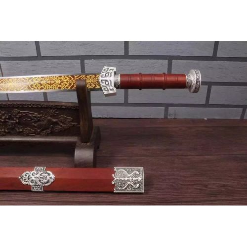  Dragon China Sword,Emperor Qin Sword,High Manganese Steel red Blade,Rosewood Scabbard,Silver Alloy Fitting