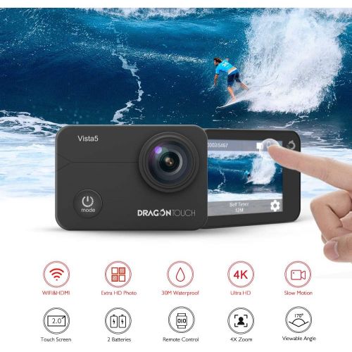  [아마존 핫딜] Dragon Touch Vista 5 Action Camera Native 4K 20MP Ultra HD Touch Screen EIS 4X Zoom Remote Control WiFi Waterproof Camera Support External Mic 2x 1350mAh Batteries and Mounting Acc