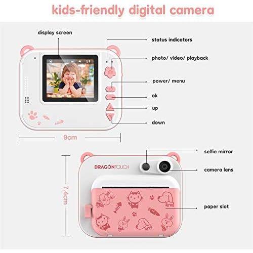  Dragon Touch InstantFun Instant Print Camera for Kids, Zero Ink Toy Camera with Print Paper, Cartoon Sticker, Color Pencils, Portable Digital Creative Print Camera for Boys and Gir