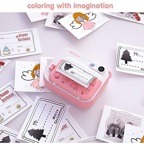  Dragon Touch InstantFun Instant Print Camera for Kids, Zero Ink Toy Camera with Print Paper, Cartoon Sticker, Color Pencils, Portable Digital Creative Print Camera for Boys and Gir