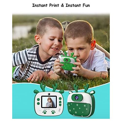  Dragon Touch Instant Print Kids Camera, InstantFun2 Digital Camera with Dual Camera Lens, Print Paper, Cartoon Sticker, Color Pens and Camera Bag for Girls and Boys(Christmas Green