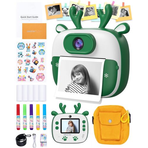  Dragon Touch Instant Print Kids Camera, InstantFun2 Digital Camera with Dual Camera Lens, Print Paper, Cartoon Sticker, Color Pens and Camera Bag for Girls and Boys(Christmas Green