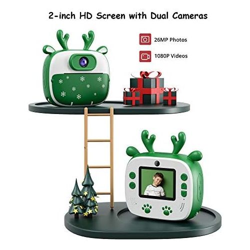  Dragon Touch Instant Print Kids Camera, InstantFun2 Digital Camera with Dual Camera Lens, Print Paper, Cartoon Sticker, Color Pens and Camera Bag for Girls and Boys(Christmas Green