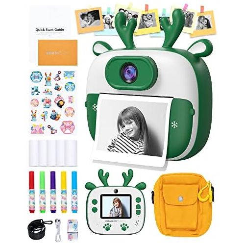  Dragon Touch Instant Print Kids Camera, InstantFun2 Digital Camera with Dual Camera Lens, Print Paper, Cartoon Sticker, Color Pens and Camera Bag for Girls and Boys(Christmas Green