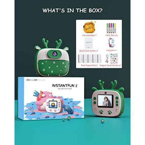  Dragon Touch Instant Print Kids Camera, InstantFun2 Digital Camera with Dual Camera Lens, Print Paper, Cartoon Sticker, Color Pens and Camera Bag for Girls and Boys(Christmas Green