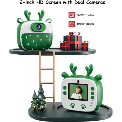  Dragon Touch Instant Print Kids Camera, InstantFun2 Digital Camera with Dual Camera Lens, Print Paper, Cartoon Sticker, Color Pens and Camera Bag for Girls and Boys(Christmas Green