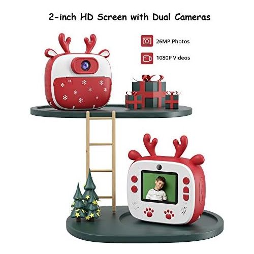  Dragon Touch Instant Print Kids Camera, InstantFun2 Digital Camera with Dual Camera Lens, Print Paper, Cartoon Sticker, Color Pens and Camera Bag for Girls and Boys(Christmas Red)