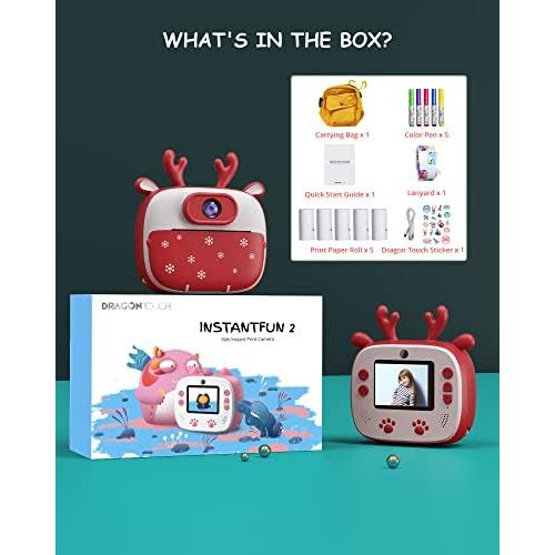  Dragon Touch Instant Print Kids Camera, InstantFun2 Digital Camera with Dual Camera Lens, Print Paper, Cartoon Sticker, Color Pens and Camera Bag for Girls and Boys(Christmas Red)