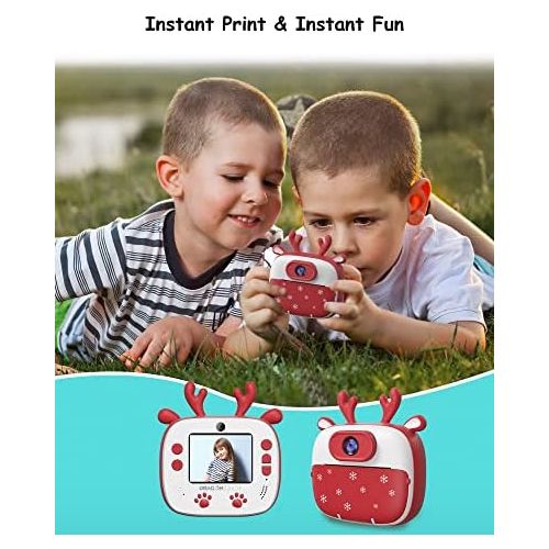  Dragon Touch Instant Print Kids Camera, InstantFun2 Digital Camera with Dual Camera Lens, Print Paper, Cartoon Sticker, Color Pens and Camera Bag for Girls and Boys(Christmas Red)