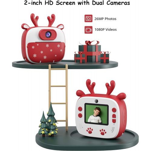  Dragon Touch Instant Print Kids Camera, InstantFun2 Digital Camera with Dual Camera Lens, Print Paper, Cartoon Sticker, Color Pens and Camera Bag for Girls and Boys(Christmas Red)