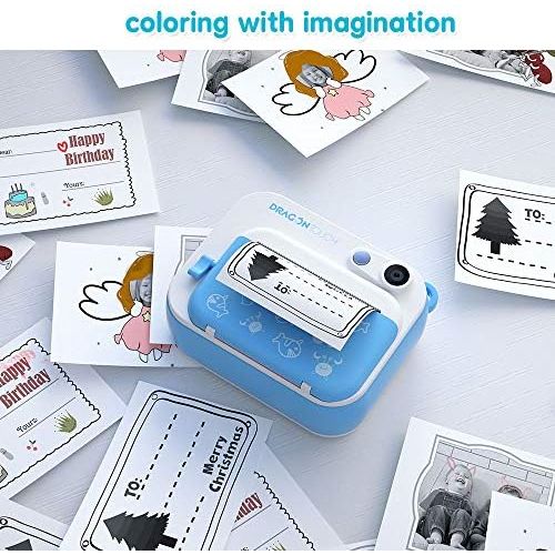  [아마존베스트]Dragon Touch InstantFun Instant Print Camera for Kids, Zero Ink Toy Camera with PrintPaper, CartoonSticker, ColorPencils, Portable Digital Creative Print Camera for Boys and Gir