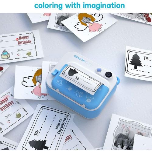  [아마존베스트]Dragon Touch InstantFun Instant Print Camera for Kids, Zero Ink Toy Camera with PrintPaper, CartoonSticker, ColorPencils, Portable Digital Creative Print Camera for Boys and Gir