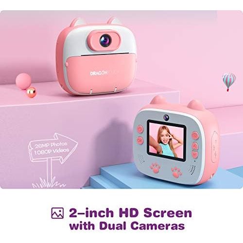  [아마존베스트]Dragon Touch Instant Print Kids Camera, InstantFun2 Digital Camera with Dual Camera Lens, Print Paper, Cartoon Sticker, Color Pens and Camera Bag for Girls and Boys (Pink)