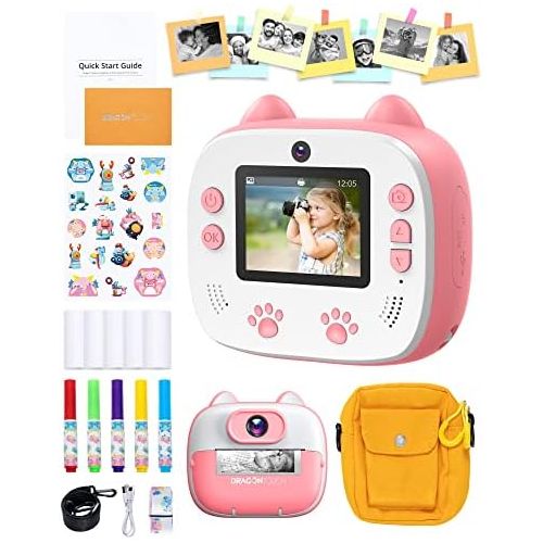  [아마존베스트]Dragon Touch Instant Print Kids Camera, InstantFun2 Digital Camera with Dual Camera Lens, Print Paper, Cartoon Sticker, Color Pens and Camera Bag for Girls and Boys (Pink)