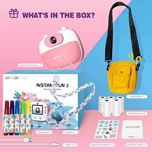  [아마존베스트]Dragon Touch Instant Print Kids Camera, InstantFun2 Digital Camera with Dual Camera Lens, Print Paper, Cartoon Sticker, Color Pens and Camera Bag for Girls and Boys (Pink)