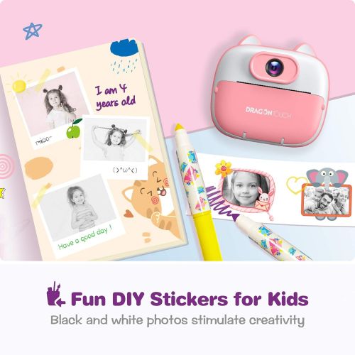  [아마존베스트]Dragon Touch Instant Print Kids Camera, InstantFun2 Digital Camera with Dual Camera Lens, Print Paper, Cartoon Sticker, Color Pens and Camera Bag for Girls and Boys (Pink)