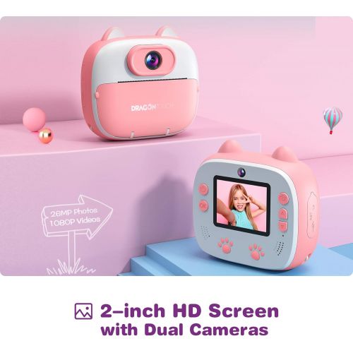  [아마존베스트]Dragon Touch Instant Print Kids Camera, InstantFun2 Digital Camera with Dual Camera Lens, Print Paper, Cartoon Sticker, Color Pens and Camera Bag for Girls and Boys (Pink)