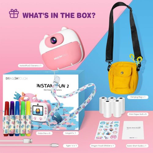  [아마존베스트]Dragon Touch Instant Print Kids Camera, InstantFun2 Digital Camera with Dual Camera Lens, Print Paper, Cartoon Sticker, Color Pens and Camera Bag for Girls and Boys (Pink)