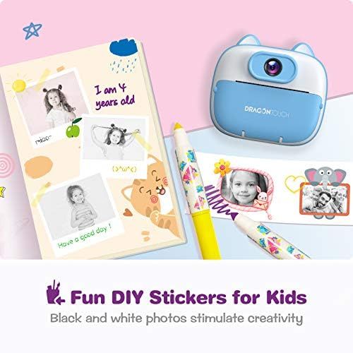  [아마존베스트]Dragon Touch Instant Print Kids Camera, InstantFun2 Digital Camera with Dual Camera Lens, Print Paper, Cartoon Sticker, Color Pens and Camera Bag for Girls and Boys (Blue)