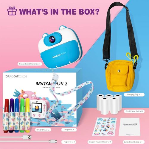  [아마존베스트]Dragon Touch Instant Print Kids Camera, InstantFun2 Digital Camera with Dual Camera Lens, Print Paper, Cartoon Sticker, Color Pens and Camera Bag for Girls and Boys (Blue)