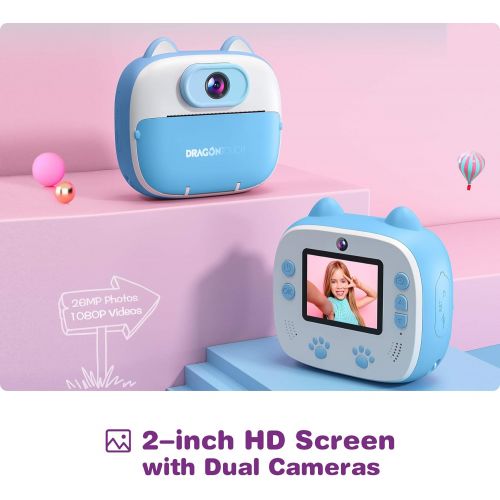  [아마존베스트]Dragon Touch Instant Print Kids Camera, InstantFun2 Digital Camera with Dual Camera Lens, Print Paper, Cartoon Sticker, Color Pens and Camera Bag for Girls and Boys (Blue)