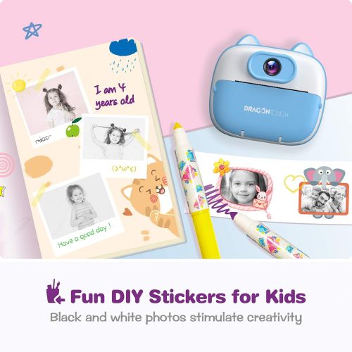  [아마존베스트]Dragon Touch Instant Print Kids Camera, InstantFun2 Digital Camera with Dual Camera Lens, Print Paper, Cartoon Sticker, Color Pens and Camera Bag for Girls and Boys (Blue)