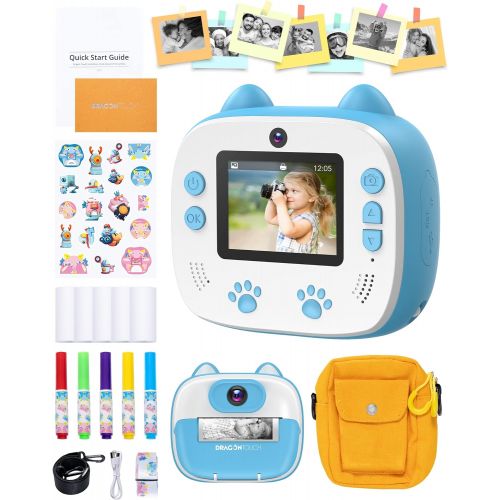  [아마존베스트]Dragon Touch Instant Print Kids Camera, InstantFun2 Digital Camera with Dual Camera Lens, Print Paper, Cartoon Sticker, Color Pens and Camera Bag for Girls and Boys (Blue)