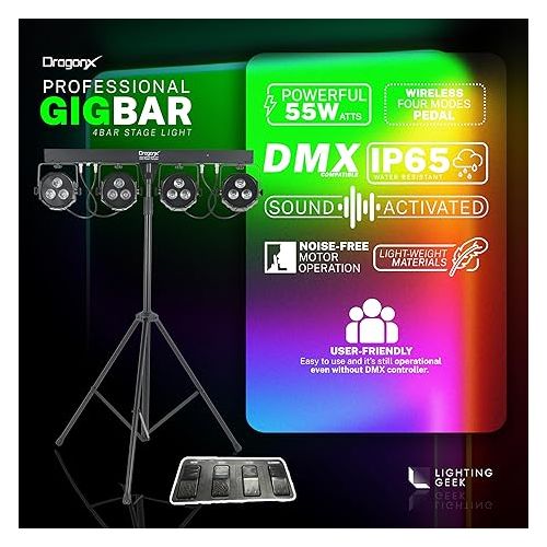  4 Bar Gigbar DJ Light Stands, Stage Lighting Stand with DMX LED, Mobile DJ Lighting Packages, Par Can Spotlight, Sound Activated Strobe for Party, Wedding, Church, DJ Stand for Lights